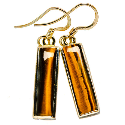 Tiger eye dangle earrings with silver hooks and gold-brown bar pendants
