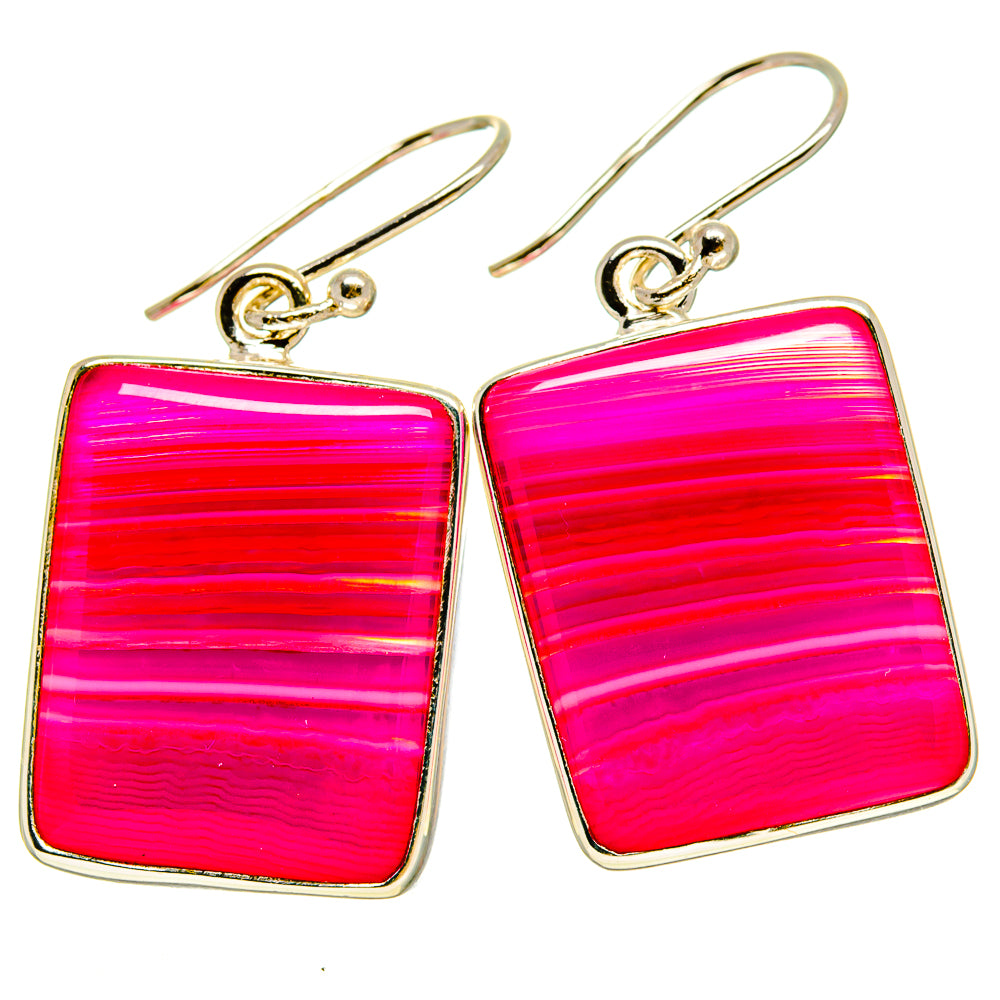 Pink Botswana agate drop earrings, square-corner rectangles with magenta striped finish
