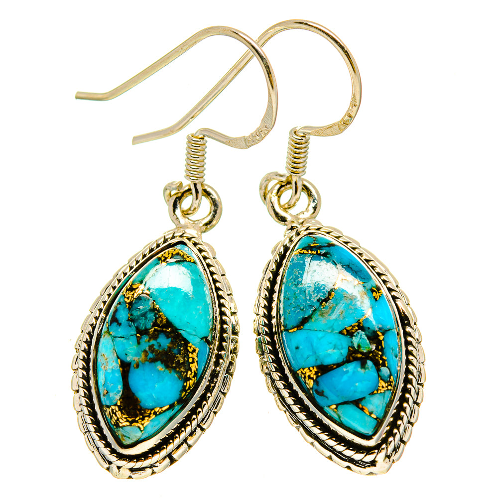 Turquoise oval drop earrings in silver rope settings with gold-tone hooks.