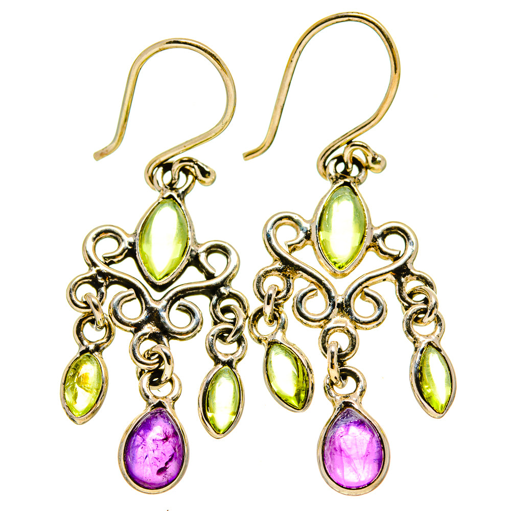 Long drop earrings with peridot green ovals and amethyst purple teardrops, ornate chains