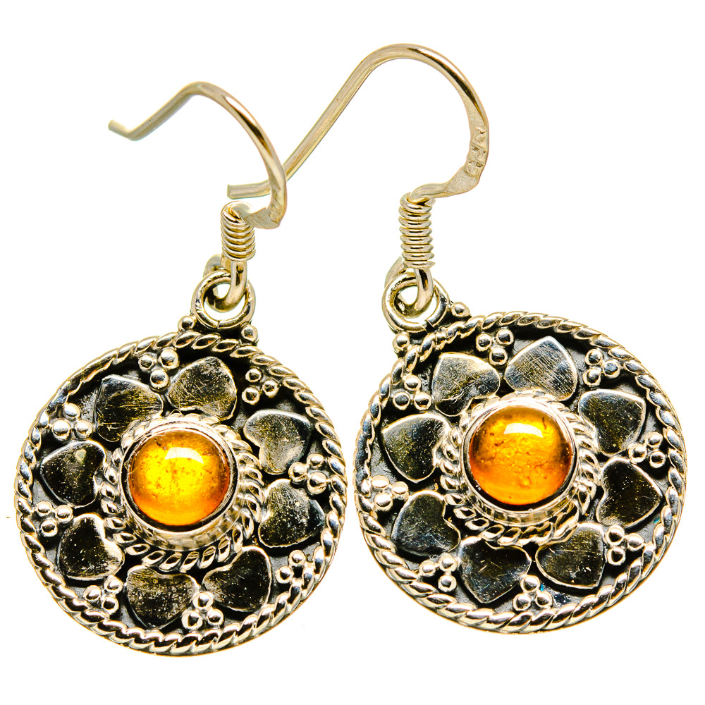 Carnelian earrings in 925 sterling silver with amber cabochon and ornate round bezel