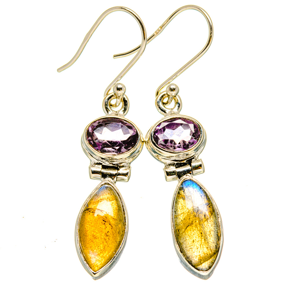 Amethyst and labradorite sterling silver drop earrings with purple cabochon and yellow iridescent drops