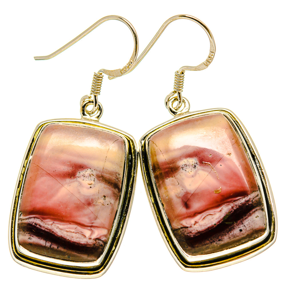 Mookaite drop earrings with red-and-cream stone, gold bezel, sterling hooks