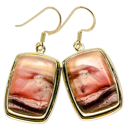 Mookaite drop earrings with red-and-cream stone, gold bezel, sterling hooks