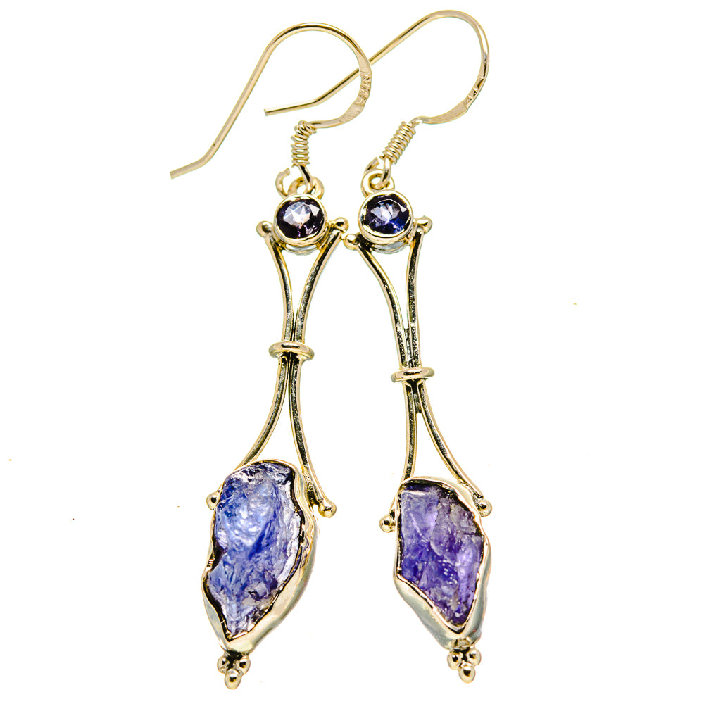 Dangle earrings with round dark-blue top stones and rough purple teardrop accents