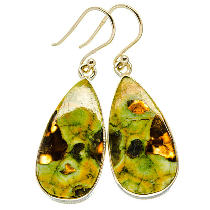 Teardrop opal earrings in green yellow and black with silver hooks, pair