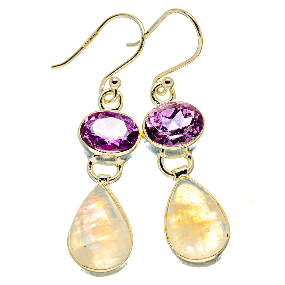 Amethyst and opal-tone drop earrings, purple oval cabochons with moonstone teardrop drops