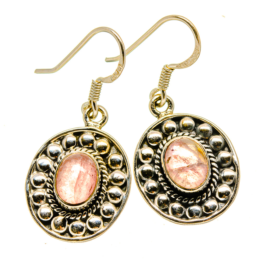 Rose quartz drop earrings in oval silver setting with pink cabochon and hook backs