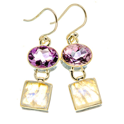 Silver earrings with purple faceted amethyst rounds and iridescent rectangular moonstone drops