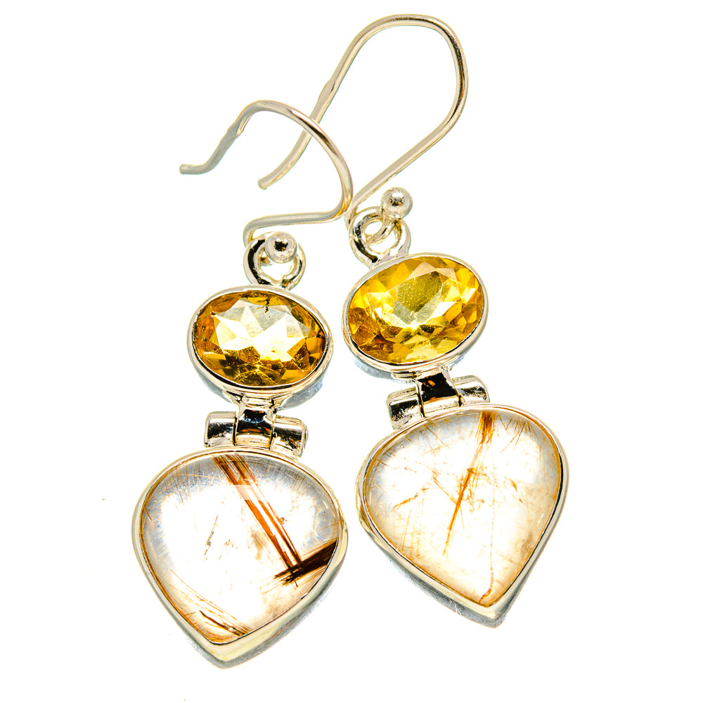 Sterling silver dangle earrings with heart citrine and rutilated quartz cabochons