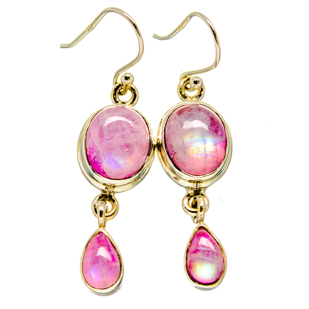 Pink moonstone drop earrings with pink oval and teardrop stones, gold-tone hooks