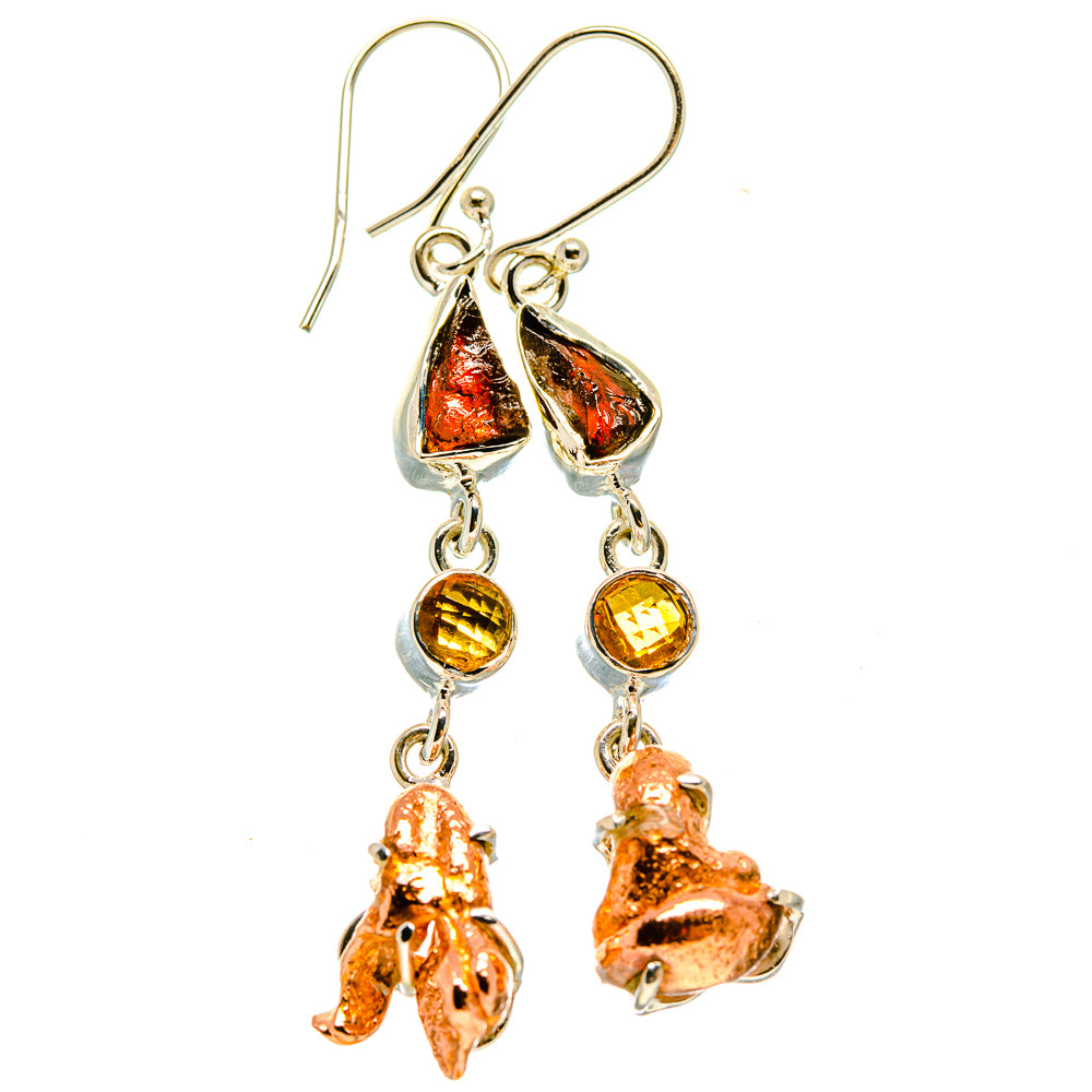 Dangle earrings with fishhook wires, textured copper drops, and amber round beads