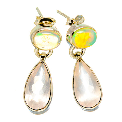 925 sterling silver opal and rose quartz earrings with teardrop dangles