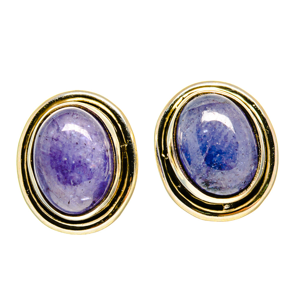 Oval purple gemstone stud earrings in gold-tone double bezel, oval stone