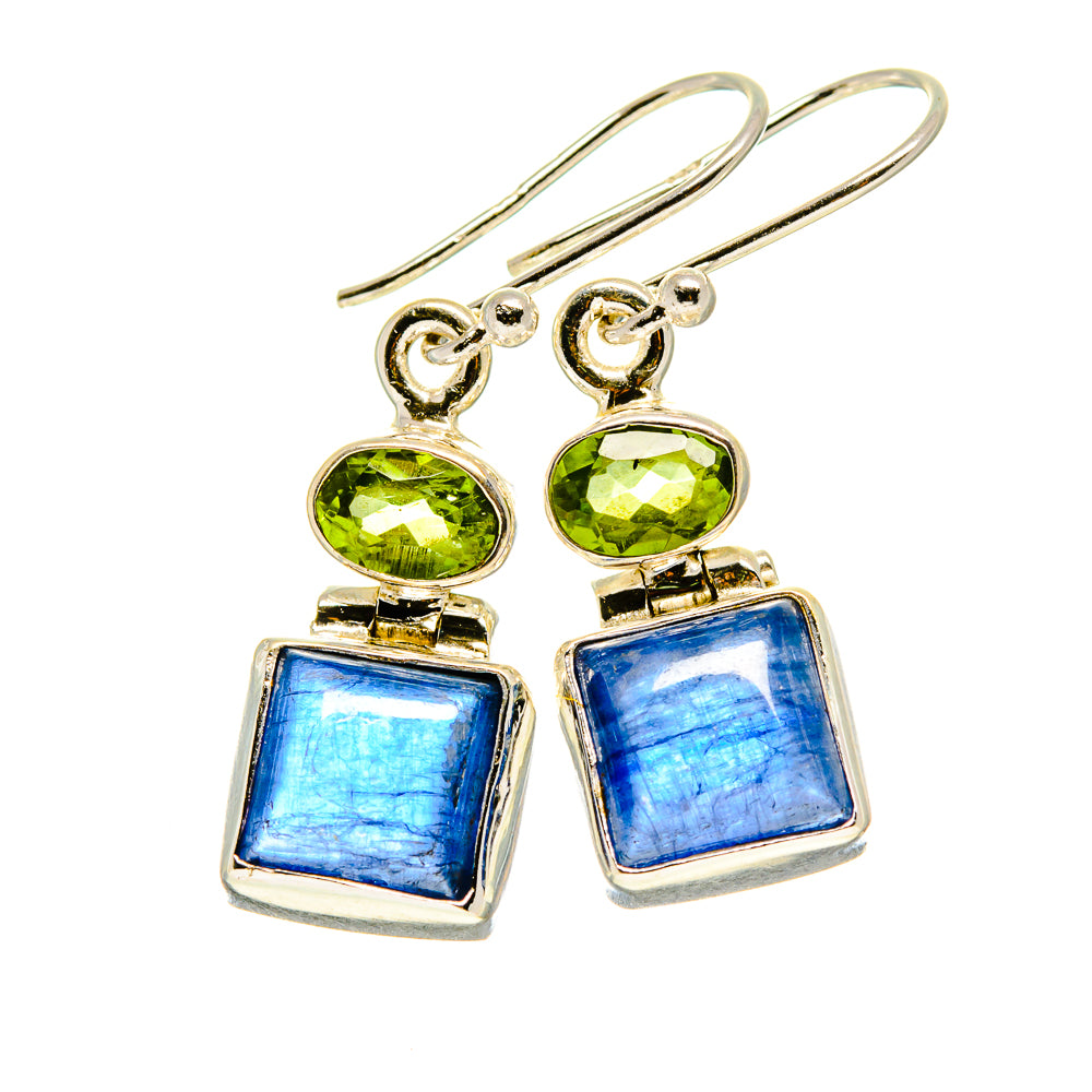 Sterling silver peridot & kyanite earrings with lever backs, blue squares & green rounds