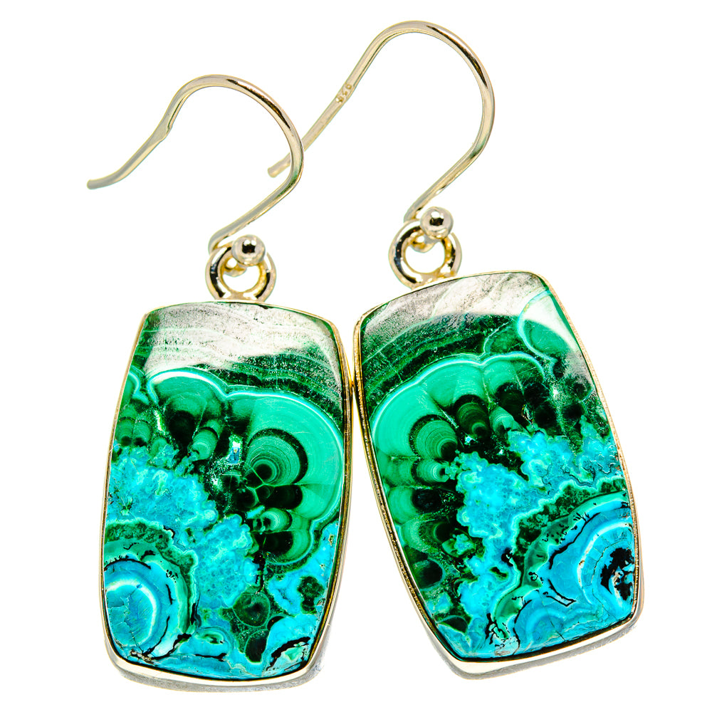 Chrysocolla and malachite square drop earrings with metal hooks, green and blue stone