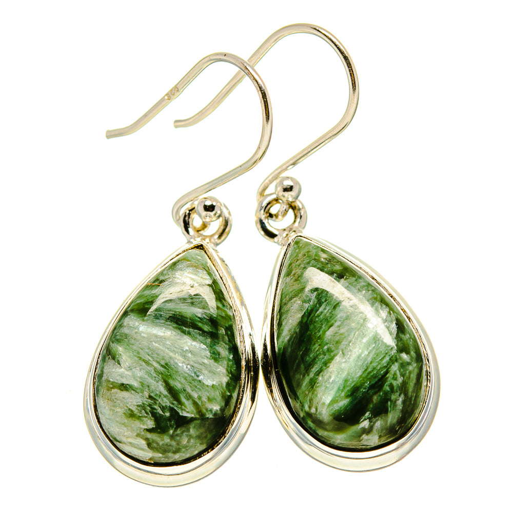 Green seraphinite teardrop earrings in 925 sterling silver, gold-tone hooks, dangle pair