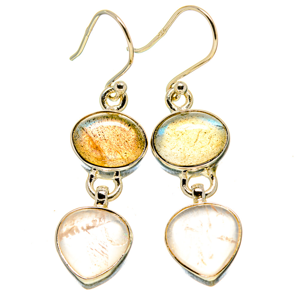 Sterling silver drop earrings: oval iridescent stone and pink teardrop dangle