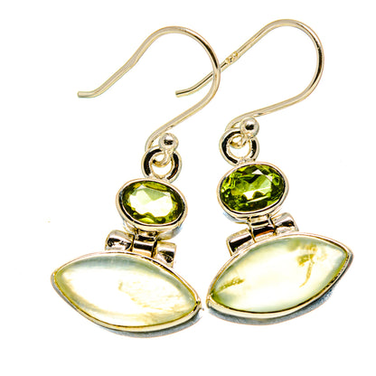Sterling silver drop earrings with green peridot and pale oval prehnite stones