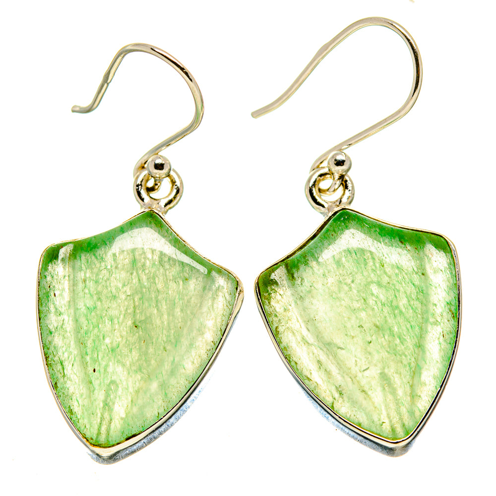 Shield-shaped prehnite earrings with green cabochon stones and silver hook backs
