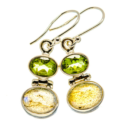 Sterling silver drop earrings with green peridot and round iridescent labradorite stones