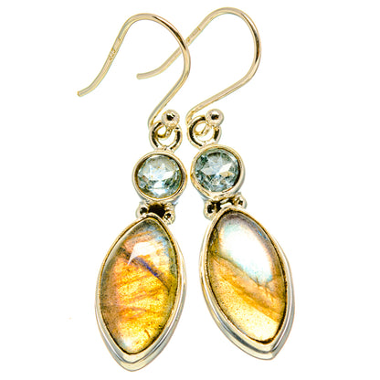 Sterling silver drop earrings, oval labradorite and round blue topaz stones, lever hooks