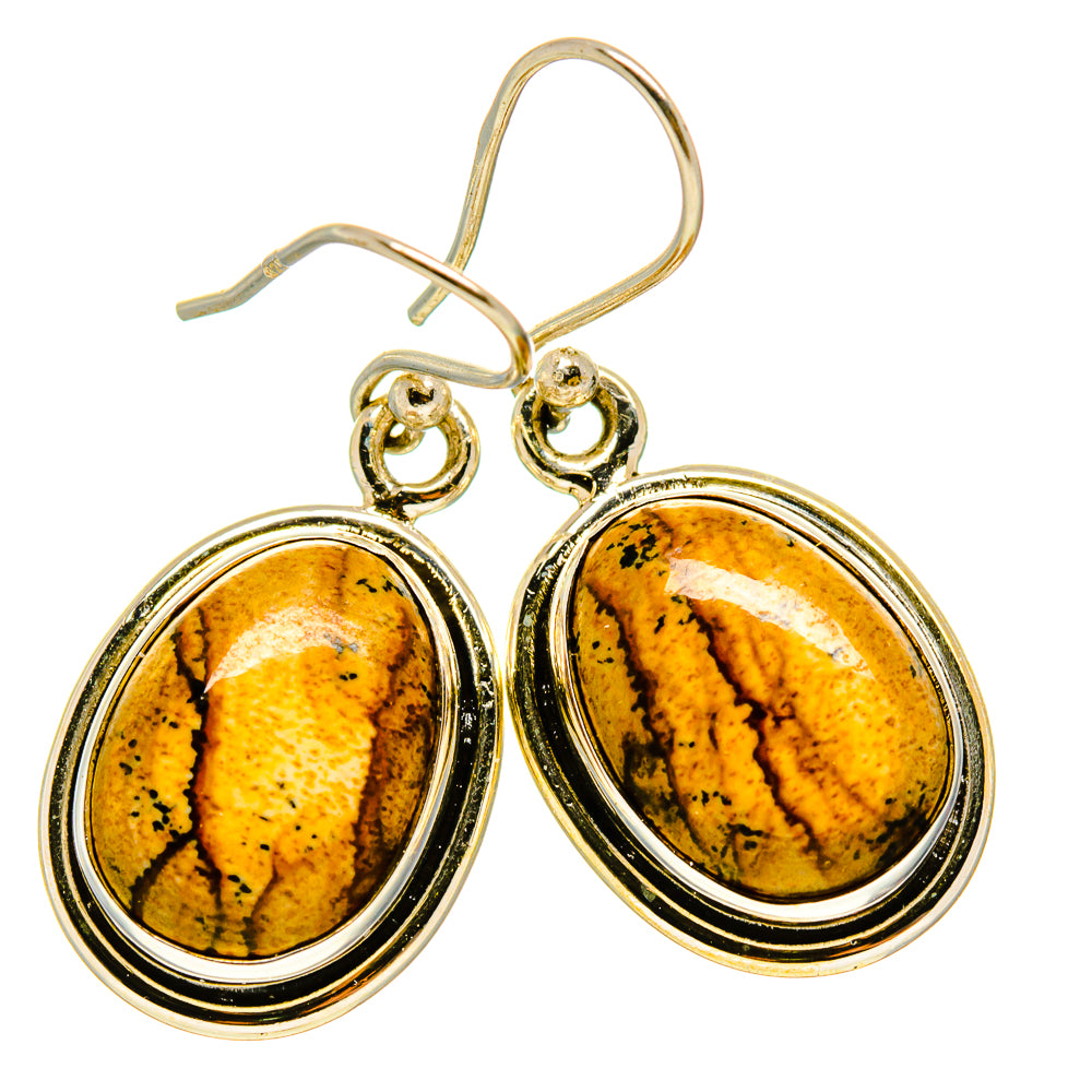 Oval picture jasper earrings with golden-brown cabochons and silver-tone bezel, dangle drop