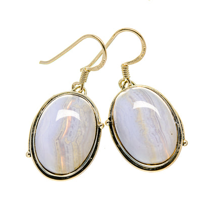 Oval blue lace agate drop earrings in gold-tone bezel with fishhook backs