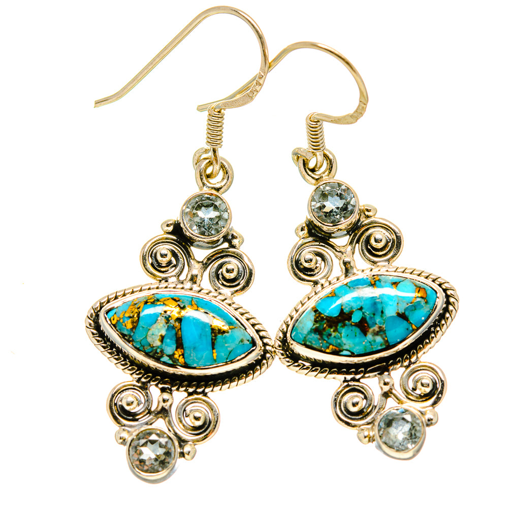 Gold-tone turquoise drop earrings with oval turquoise stone and round clear accents
