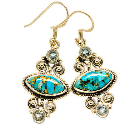 Gold-tone turquoise drop earrings with oval turquoise stone and round clear accents