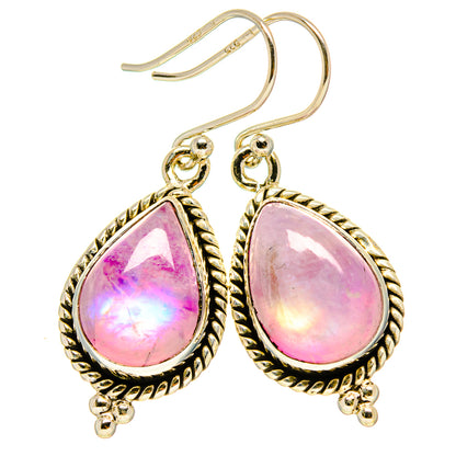 Pink iridescent teardrop moonstone earrings, gold-tone hooks and frames