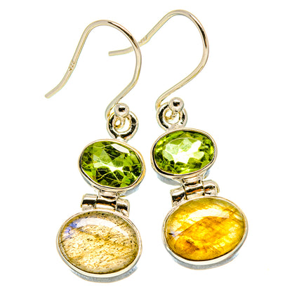 925 sterling silver dangle earrings with green peridot and gold labradorite cabochons