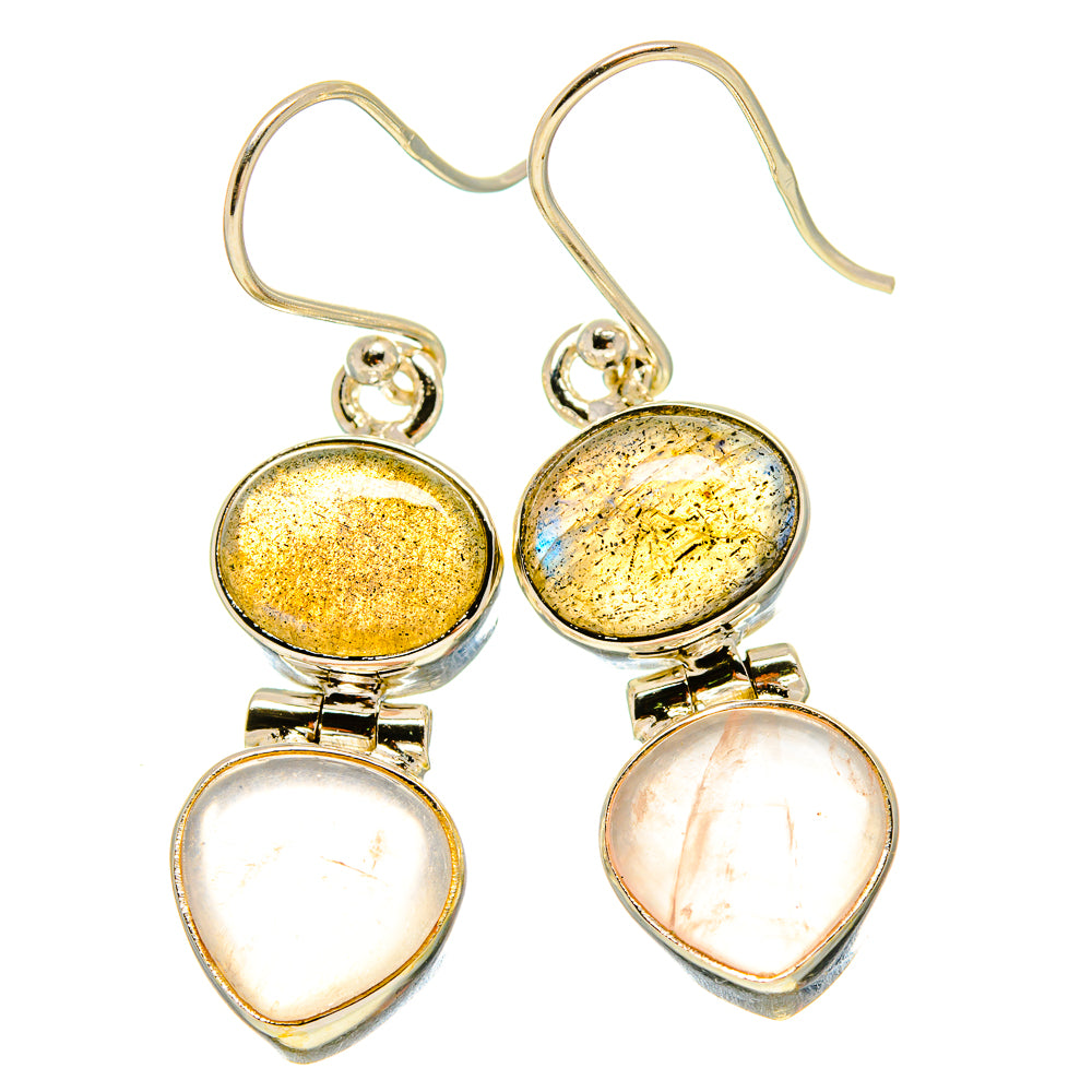 Sterling silver drop earrings with oval labradorite tops and heart-shaped rose quartz stones