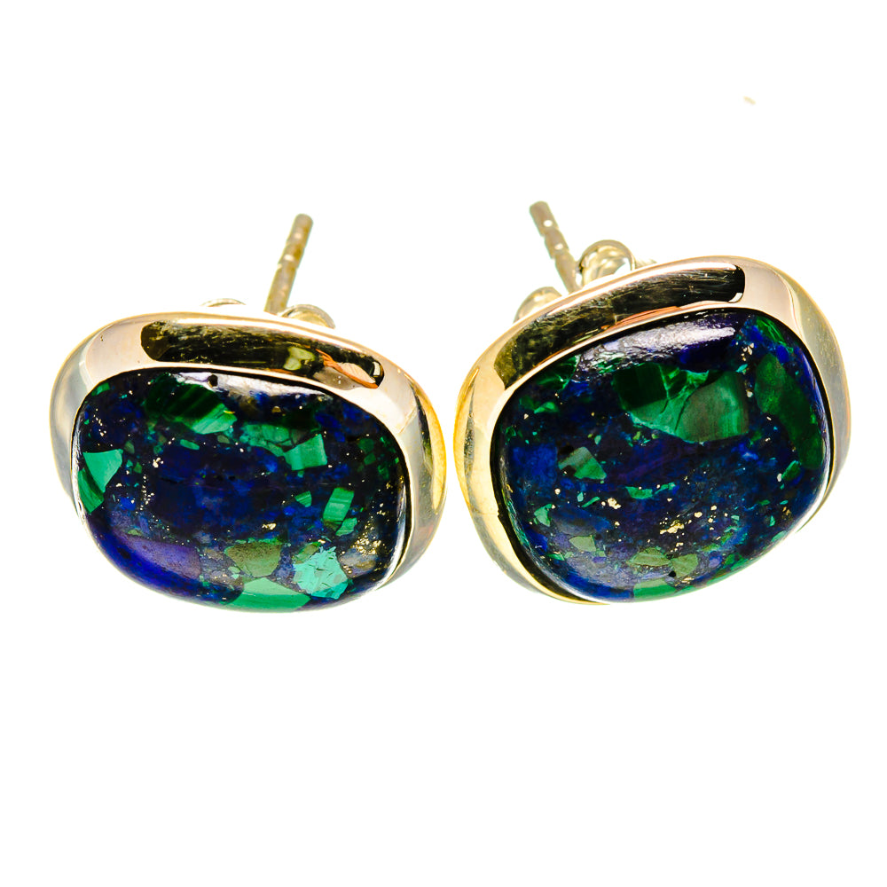 Azurite stud earrings, 925 sterling silver bezel settings with blue-green oval cabochons