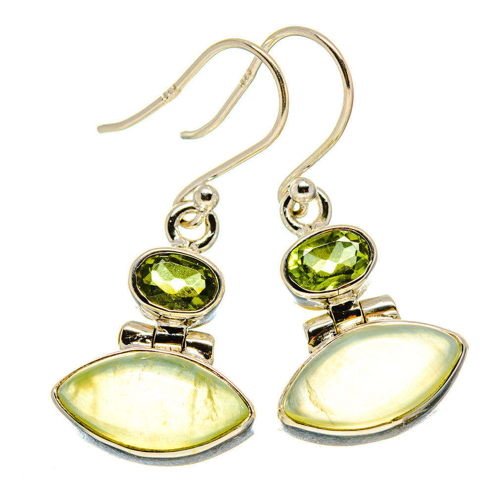 Sterling silver earrings with green round stones and oval cabochon drops on hooks