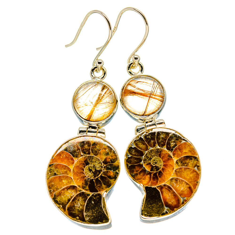Ammonite fossil drop earrings: round rutilated quartz tops and crescent spiral silver charms