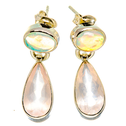Sterling silver opal drop earrings, round iridescent stones with pink pear-shaped dangles