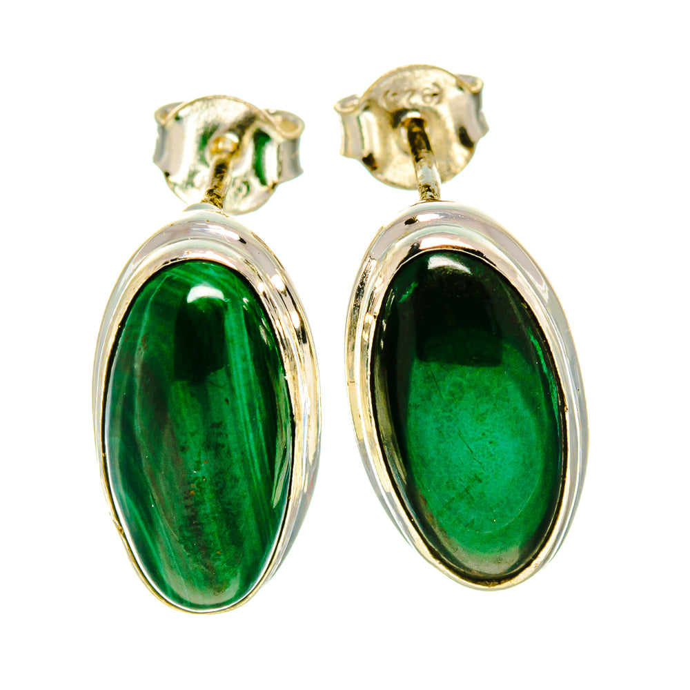 Oval malachite earrings in 925 sterling silver, green cabochon drop style