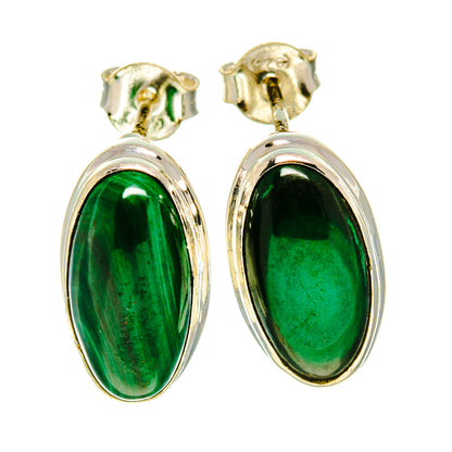 Oval malachite earrings in 925 sterling silver, green cabochon drop style