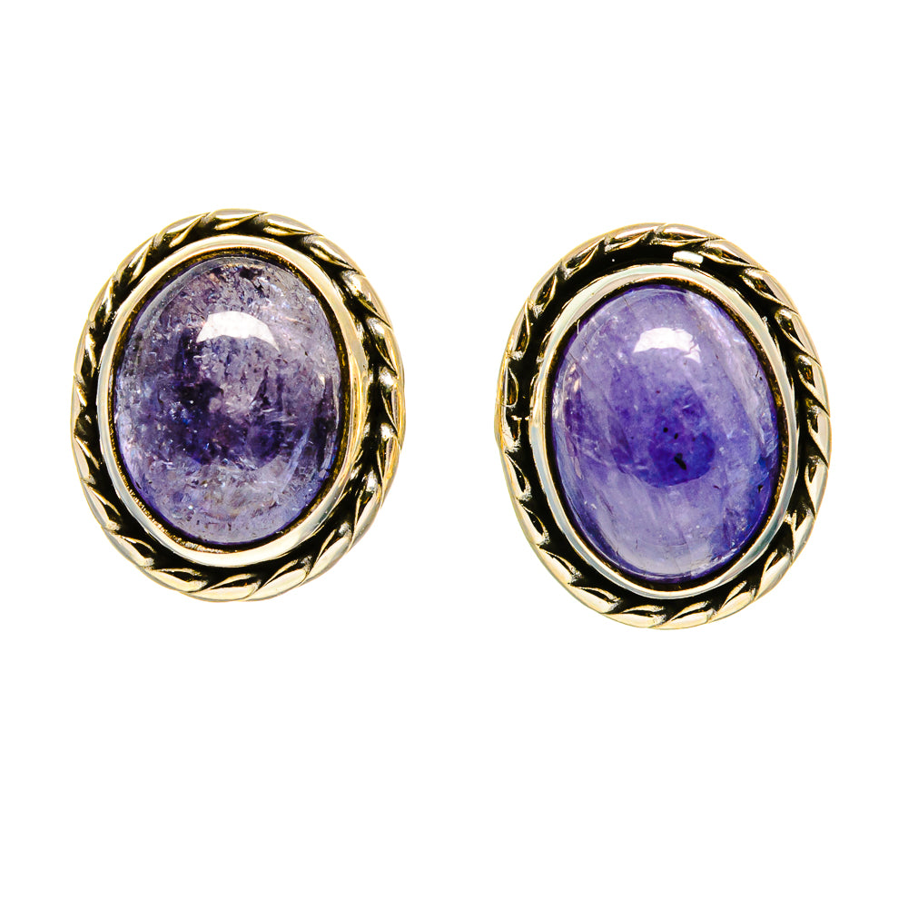 Oval tanzanite earrings with gold-tone oval bezel and twisted rope edge, stud style.
