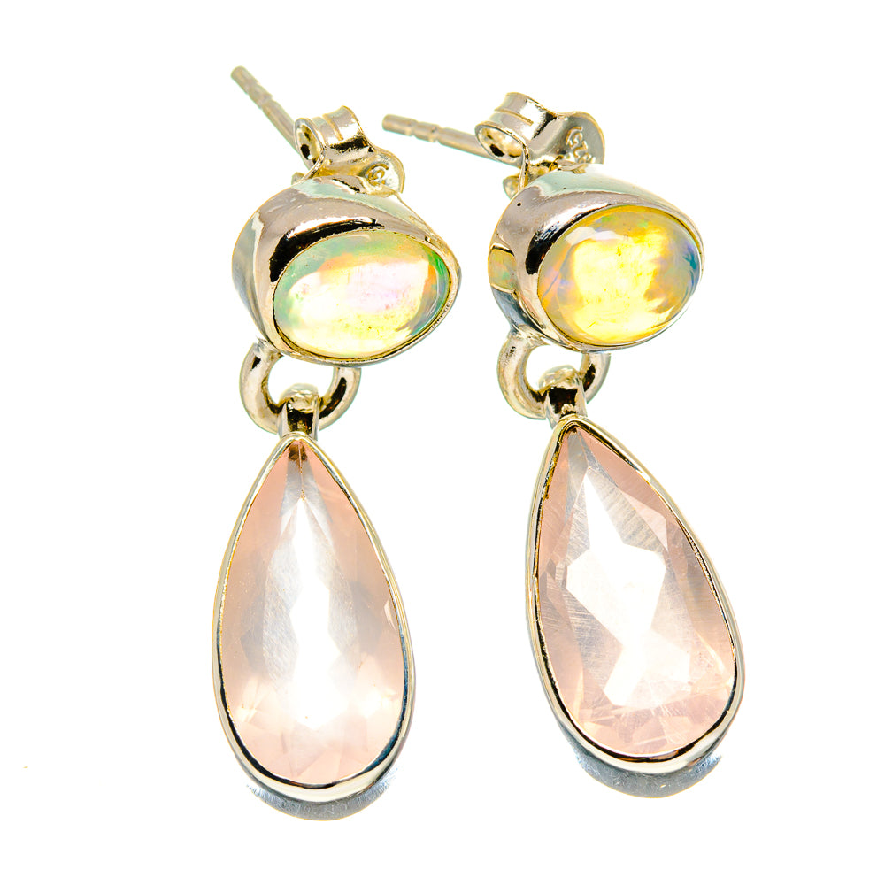 Opal cabochon and rose quartz teardrop earrings, dangling pear-shaped stones
