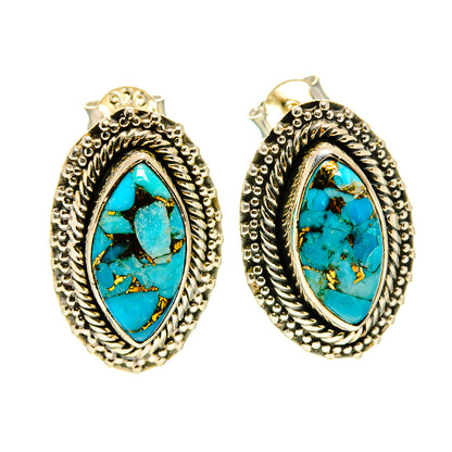 Turquoise oval drop earrings with ornate sterling silver frame and teal stone, pair view