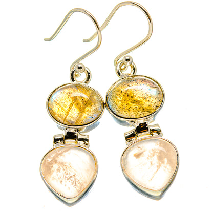 Rose quartz & labradorite earrings with oval gold-speckled stones and heart pink bottoms