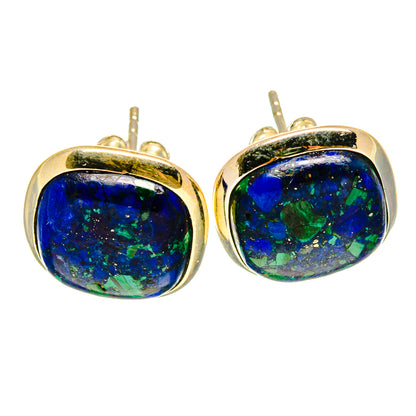 Round azurite gemstone stud earrings, blue and green cabochons in sterling silver frames