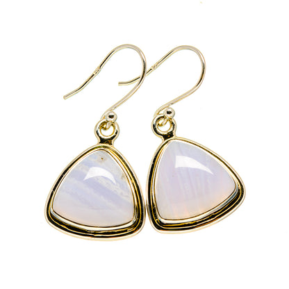 Silver-tone triangular earrings with opalescent pale blue/white stone drops