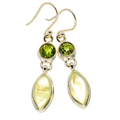 Sterling silver drop earrings with peridot-green round stones and pale green teardrop drops