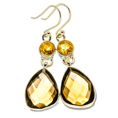 Sterling silver dangle earrings with yellow citrine tops and faceted smoky quartz teardrops