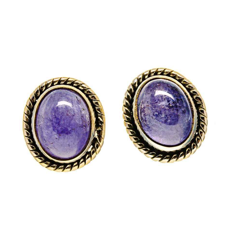 Pair of oval purple tanzanite stud earrings with rope border and gold-tone setting