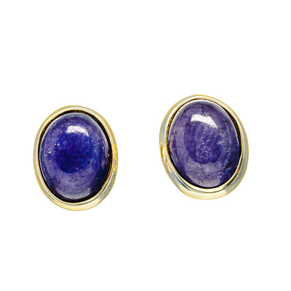 Pair of oval tanzanite stud earrings with purple cabochons and gold-toned bezel settings