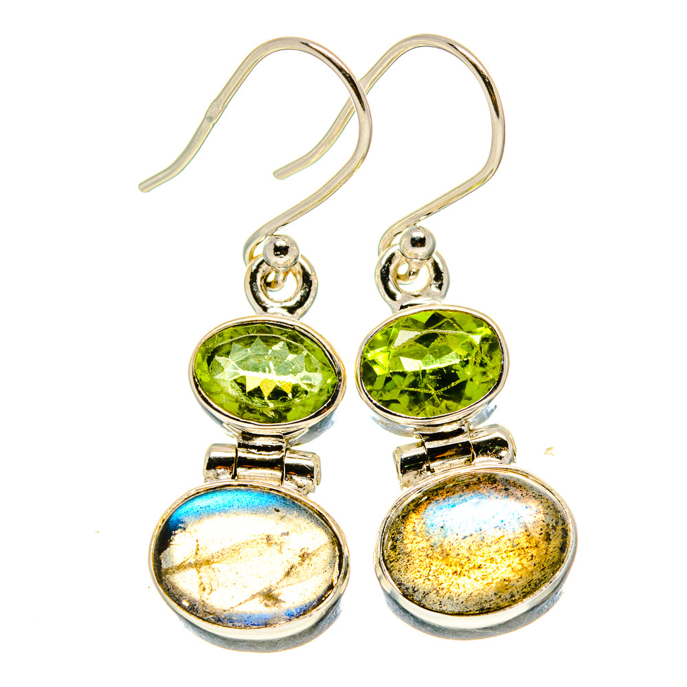 Sterling silver drop earrings with green round gemstone and iridescent blue round stones